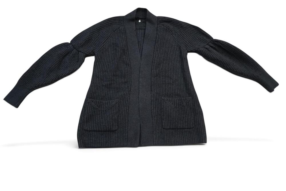 Anthropologie Knitted Knotted Cardigan Small Open Front Puff Sleeve Black Ribbed